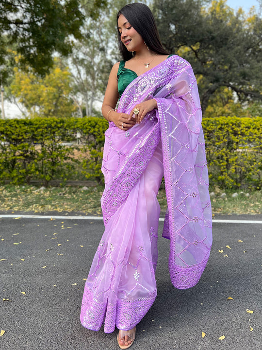 Purple Organza Saree With Blouse Piece