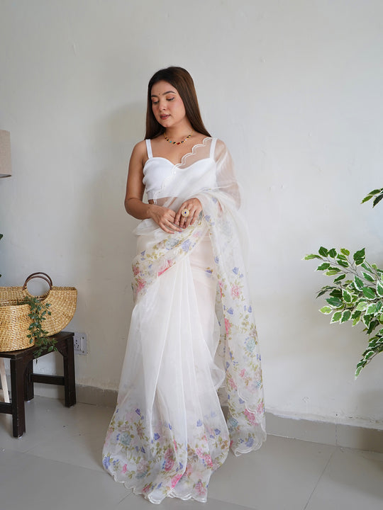 White Organza Saree With Blouse Piece