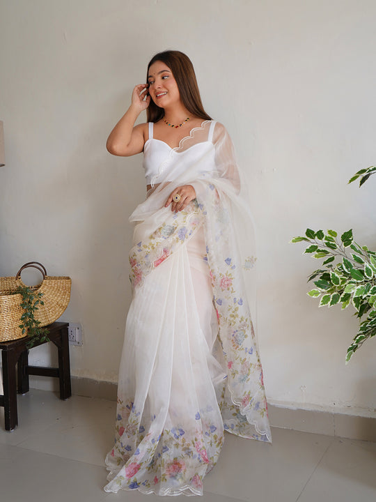 White Organza Saree With Blouse Piece