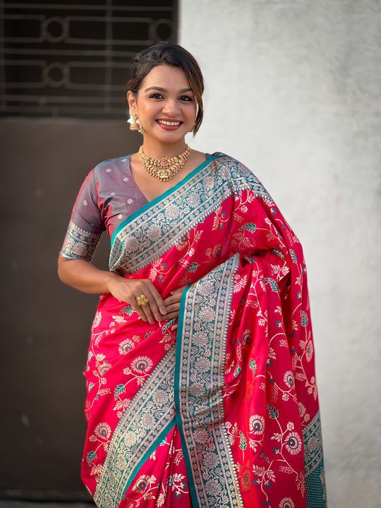 Red Banarasi Silk Blend Saree With Blouse Piece