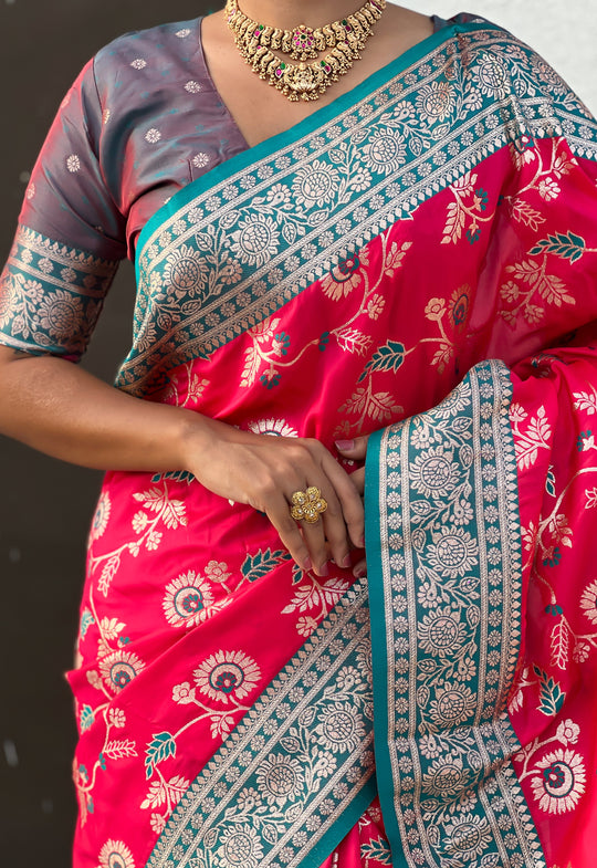 Red Banarasi Silk Blend Saree With Blouse Piece