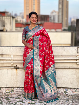 Red Banarasi Silk Blend Saree With Blouse Piece