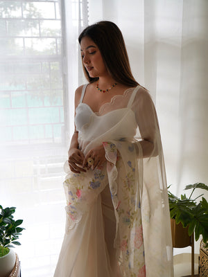 White Organza Saree With Blouse Piece