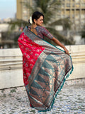 Red Banarasi Silk Blend Saree With Blouse Piece