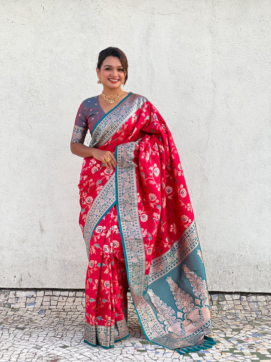 Red Banarasi Silk Blend Saree With Blouse Piece