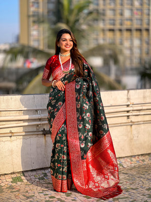 Green Banarasi Silk Blend Saree With Blouse Piece