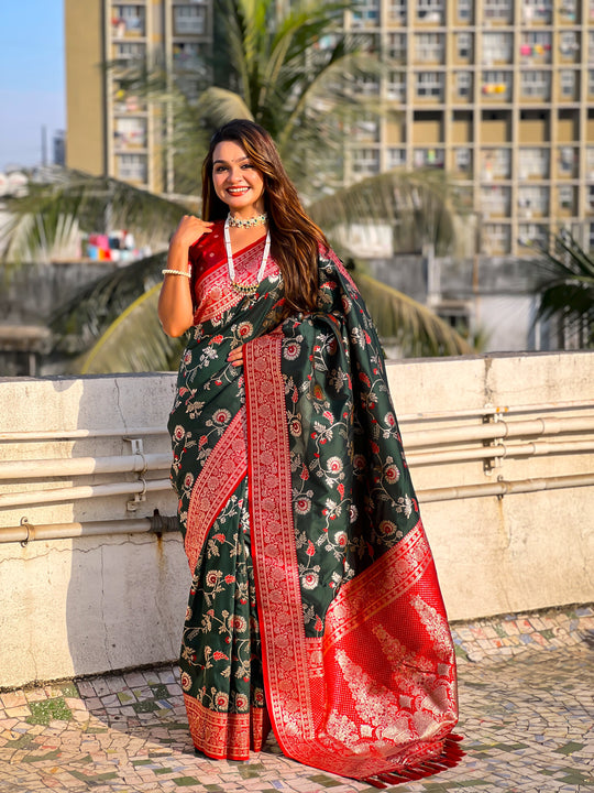 Green Banarasi Silk Blend Saree With Blouse Piece