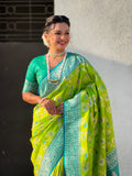 Lime Banarasi Silk Blend Saree With Blouse Piece