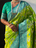Lime Banarasi Silk Blend Saree With Blouse Piece