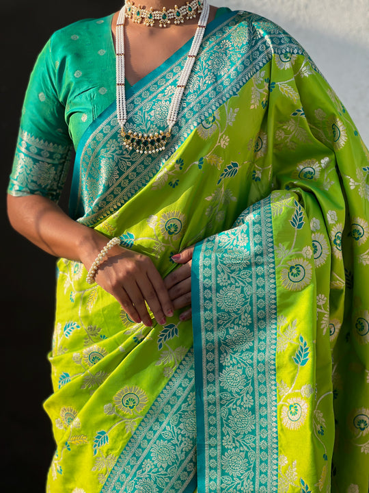 Lime Banarasi Silk Blend Saree With Blouse Piece