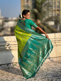 Lime Banarasi Silk Blend Saree With Blouse Piece