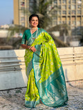 Lime Banarasi Silk Blend Saree With Blouse Piece