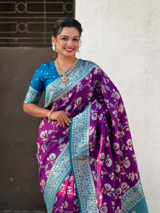 Wine Banarasi Silk Blend Saree With Blouse Piece