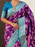 Wine Banarasi Silk Blend Saree With Blouse Piece