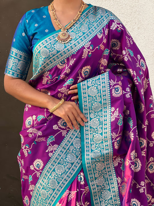 Wine Banarasi Silk Blend Saree With Blouse Piece