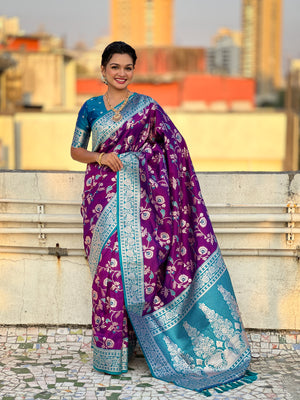 Wine Banarasi Silk Blend Saree With Blouse Piece
