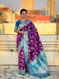 Wine Banarasi Silk Blend Saree With Blouse Piece