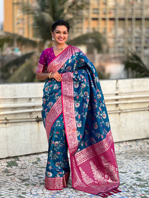 Blue Banarasi Silk Blend Saree With Blouse Piece