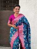 Blue Banarasi Silk Blend Saree With Blouse Piece