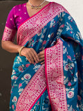 Blue Banarasi Silk Blend Saree With Blouse Piece