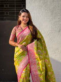 Mehandi Banarasi Silk Blend Saree With Blouse Piece