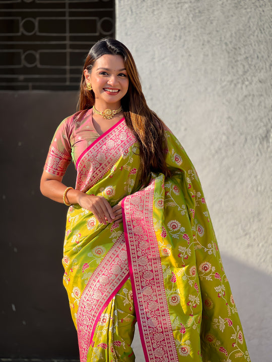 Mehandi Banarasi Silk Blend Saree With Blouse Piece