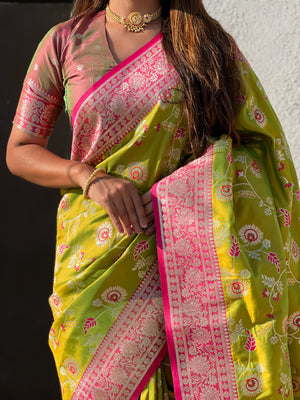 Mehandi Banarasi Silk Blend Saree With Blouse Piece