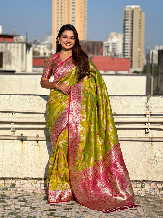 Mehandi Banarasi Silk Blend Saree With Blouse Piece