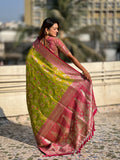Mehandi Banarasi Silk Blend Saree With Blouse Piece
