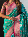 Rama Banarasi Silk Blend Saree With Blouse Piece