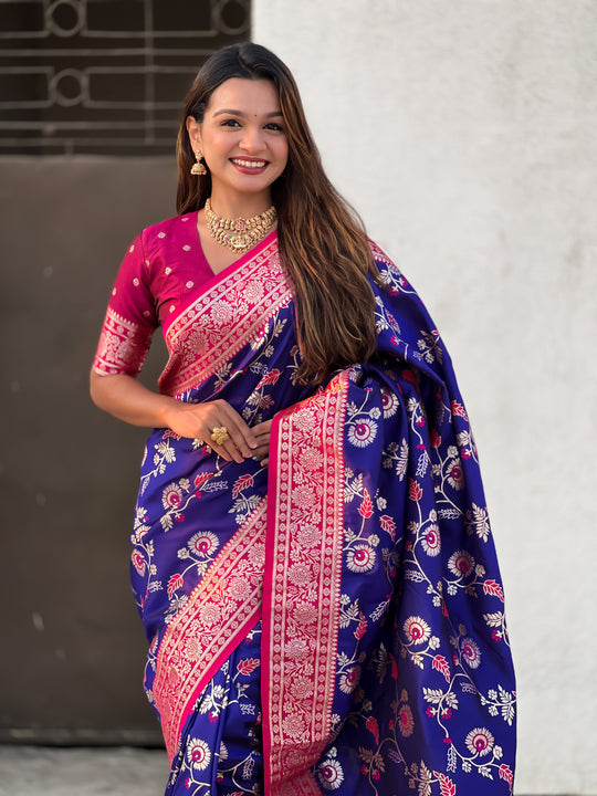Blue Banarasi Silk Blend Saree With Blouse Piece