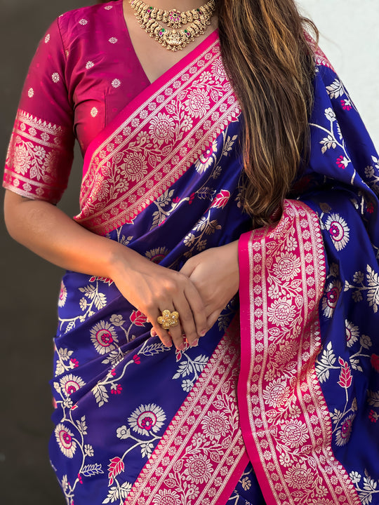 Blue Banarasi Silk Blend Saree With Blouse Piece