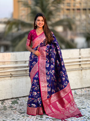 Blue Banarasi Silk Blend Saree With Blouse Piece