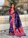 Blue Banarasi Silk Blend Saree With Blouse Piece