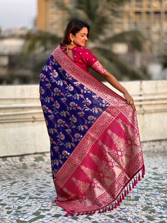 Blue Banarasi Silk Blend Saree With Blouse Piece