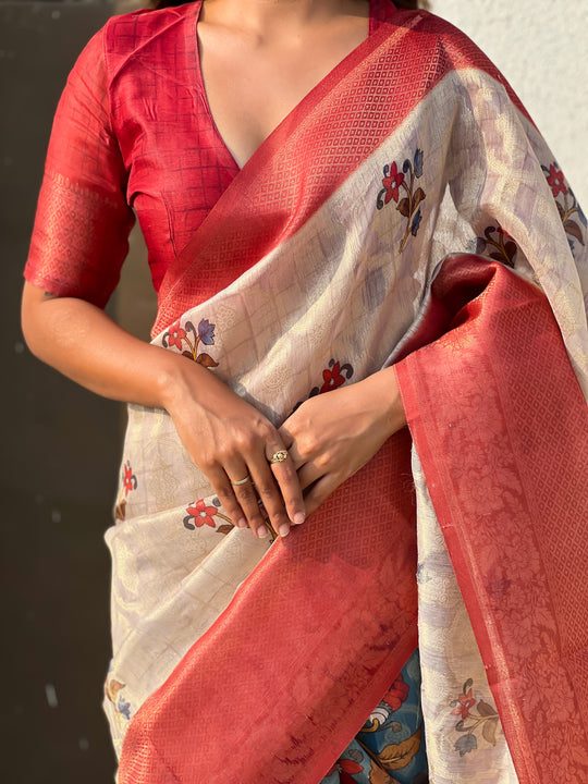 Red Banarasi Silk Blend Saree With Blouse Piece