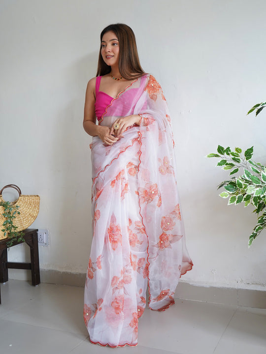 White Organza Saree With Blouse Piece