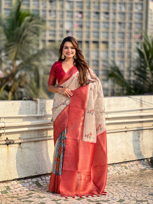 Red Banarasi Silk Blend Saree With Blouse Piece