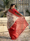 Red Banarasi Silk Blend Saree With Blouse Piece