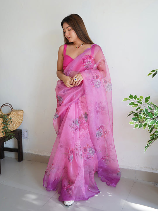 Pink Organza Saree With Blouse Piece