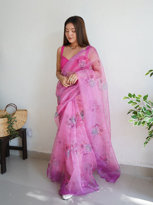 Pink Organza Saree With Blouse Piece