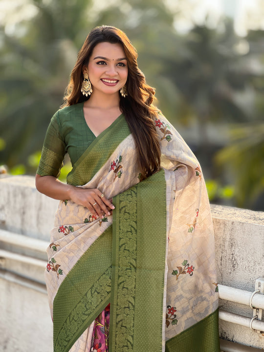 Green Banarasi Silk Blend Saree With Blouse Piece