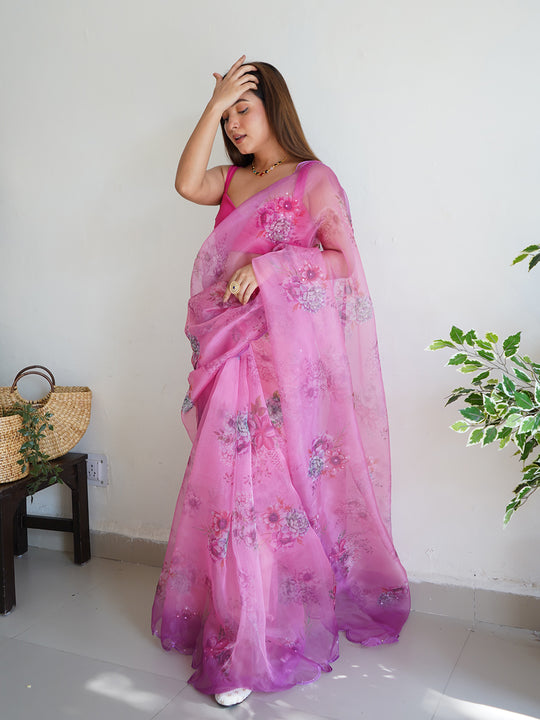 Pink Organza Saree With Blouse Piece