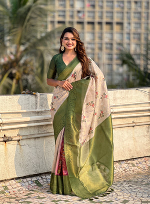 Green Banarasi Silk Blend Saree With Blouse Piece