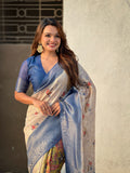 Blue Banarasi Silk Blend Saree With Blouse Piece
