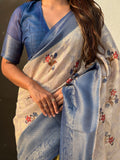 Blue Banarasi Silk Blend Saree With Blouse Piece