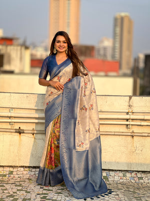 Blue Banarasi Silk Blend Saree With Blouse Piece