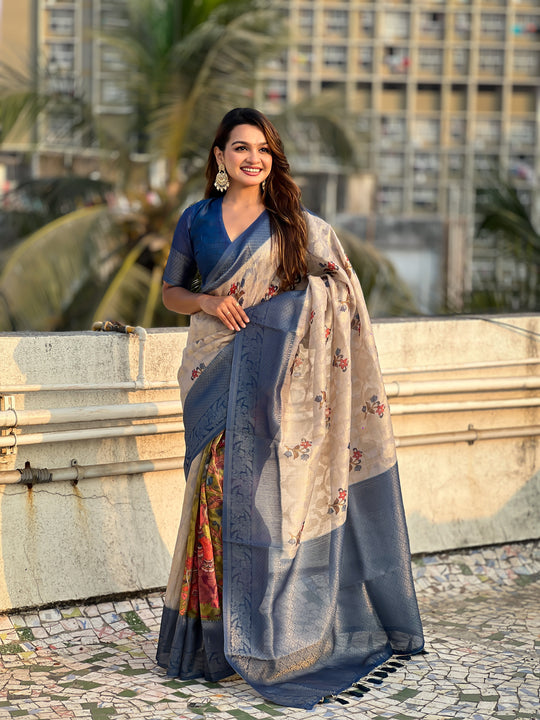 Blue Banarasi Silk Blend Saree With Blouse Piece