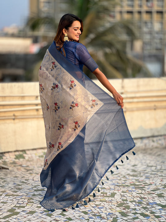 Blue Banarasi Silk Blend Saree With Blouse Piece