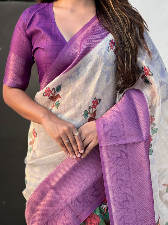 Purple Banarasi Silk Blend Saree With Blouse Piece